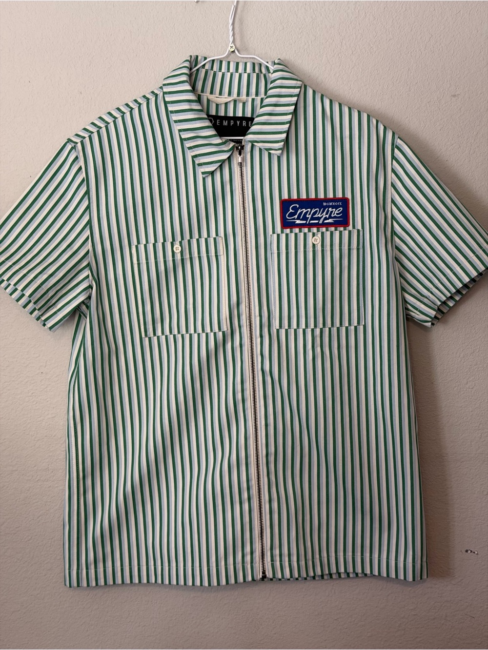 Empyre Green & White Vertical Stripe Zip Shirt with Patch Sz small
